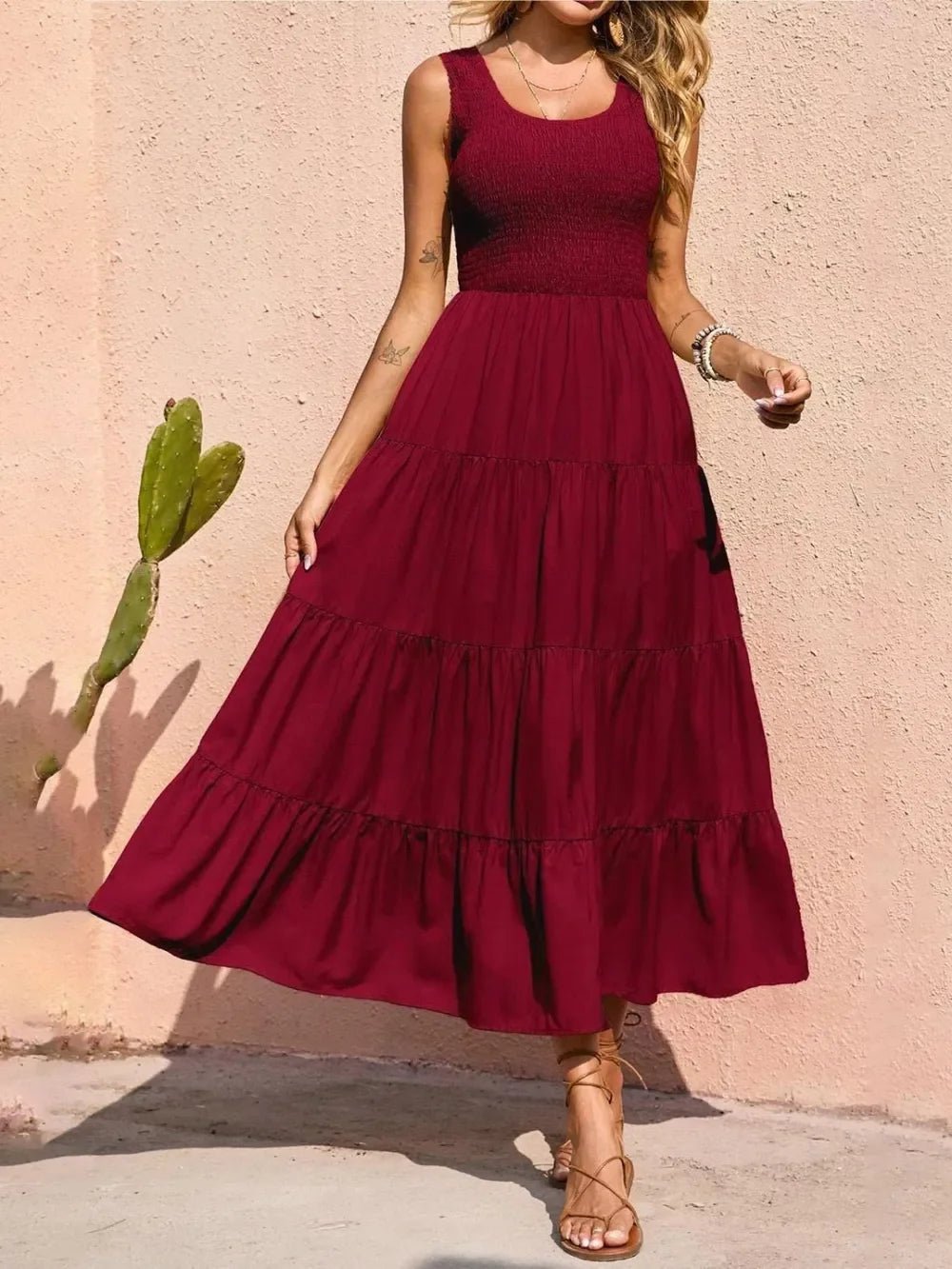 Tiered Maxi Dress - Smocked Polyester Wide Strap Style - minbolu -