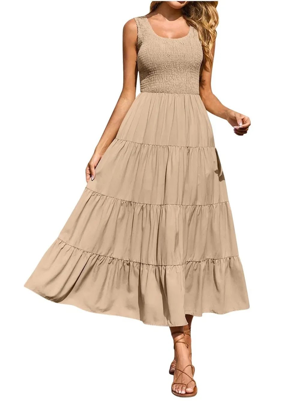 Tiered Maxi Dress - Smocked Polyester Wide Strap Style - minbolu -