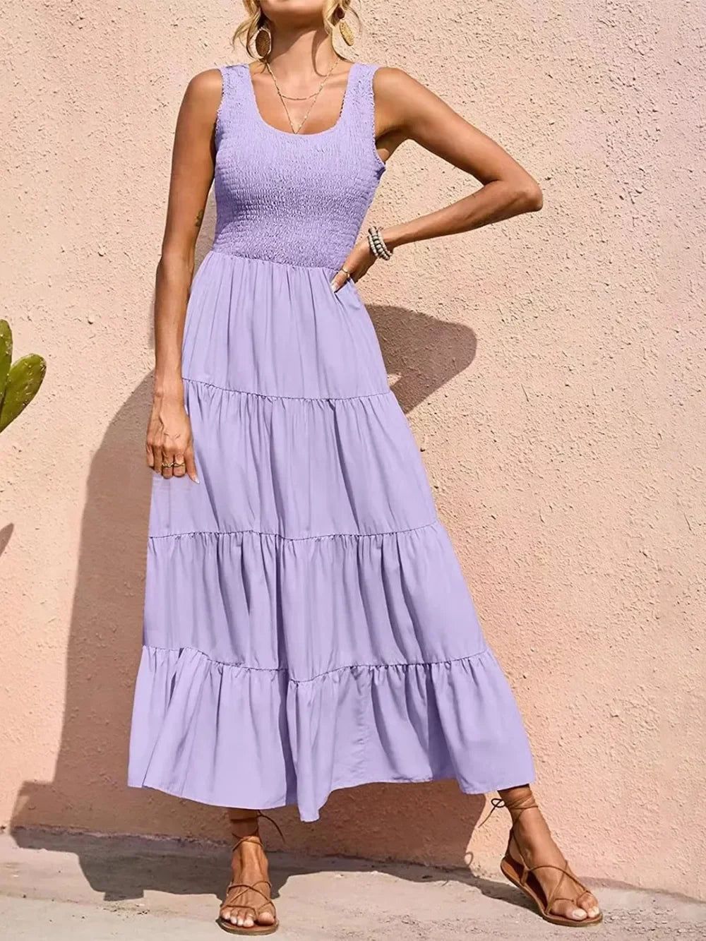 Tiered Maxi Dress - Smocked Polyester Wide Strap Style - minbolu -