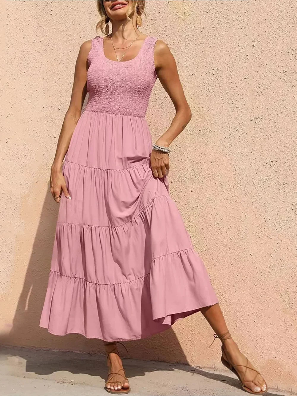Tiered Maxi Dress - Smocked Polyester Wide Strap Style - minbolu -