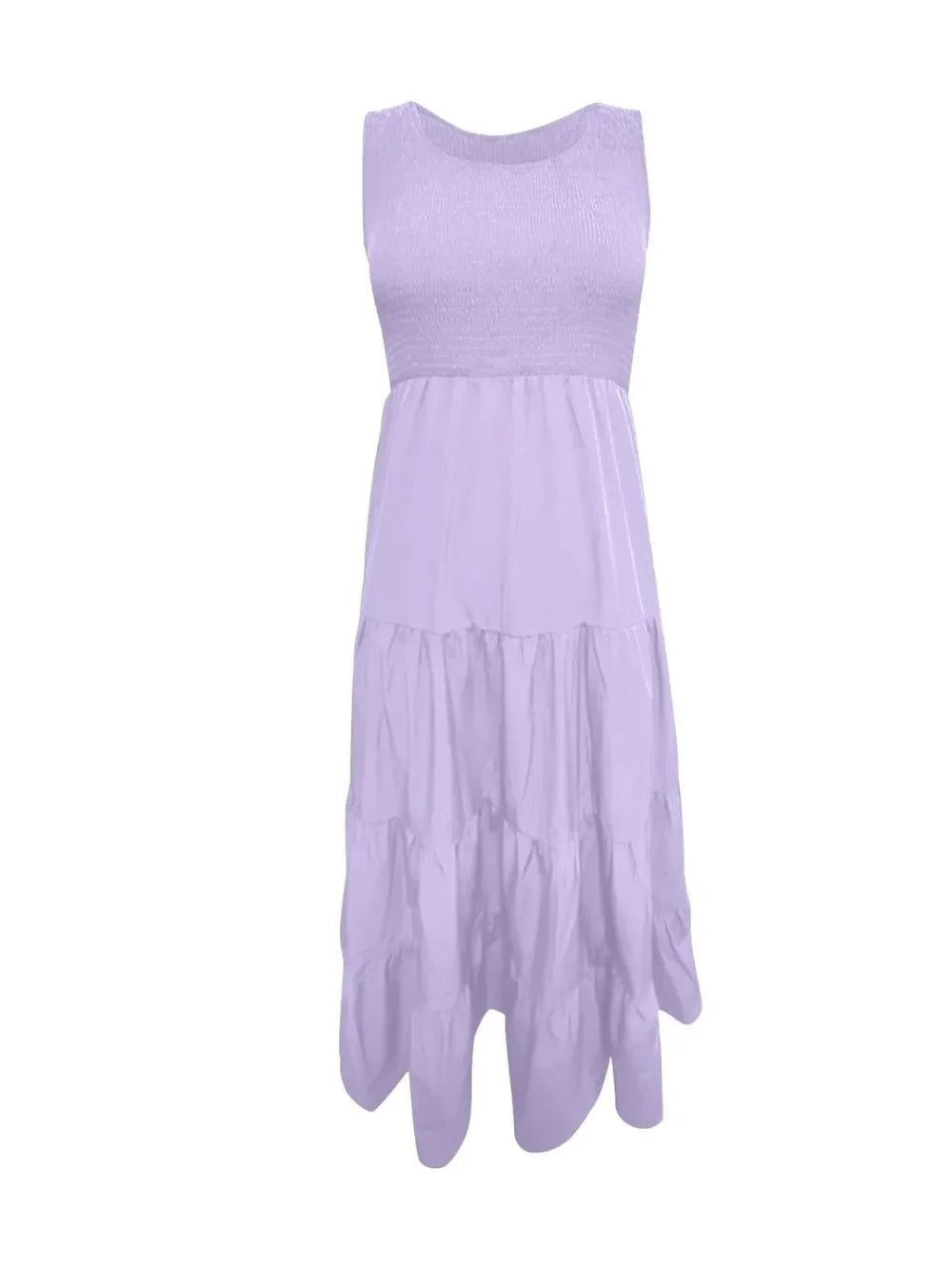 Tiered Maxi Dress - Smocked Polyester Wide Strap Style - minbolu -