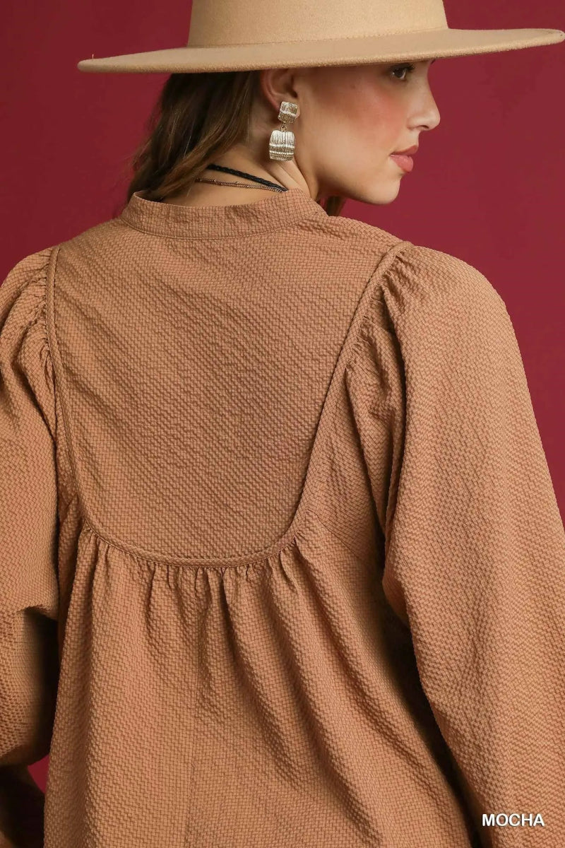 Umgee Textured Notched Blouse with Balloon Sleeves - minbolu -