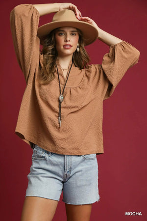 Umgee Textured Notched Blouse with Balloon Sleeves - minbolu -