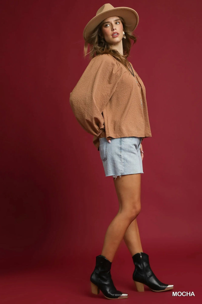 Umgee Textured Notched Blouse with Balloon Sleeves - minbolu -