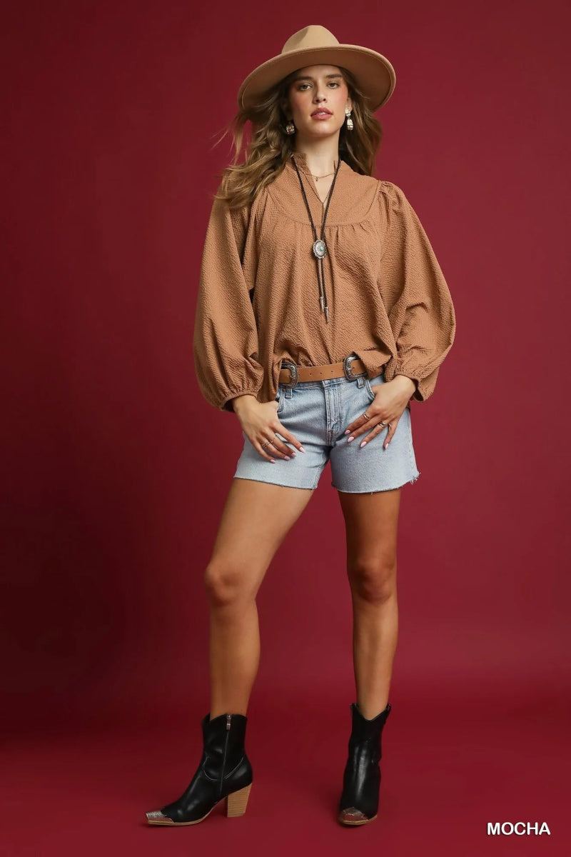 Umgee Textured Notched Blouse with Balloon Sleeves - minbolu -