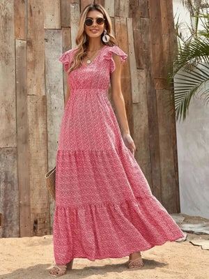 V-Neck Ruffled Cap Sleeve Prairie Maxi Dress - minbolu -