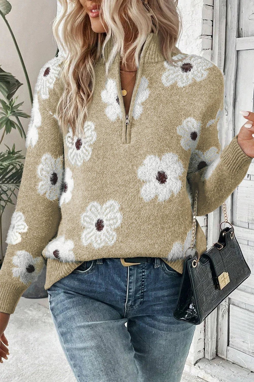 Vintage Floral Half-Zip Sweater – Khaki Cozy Chic - minbolu -