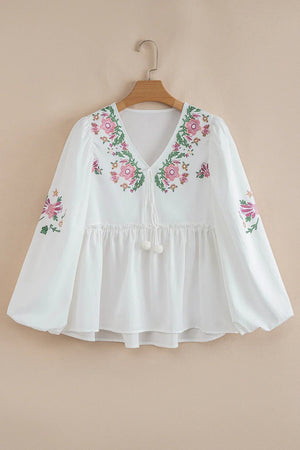 White Flower Lace-up V Neck Flowy Babydoll Blouse - minbolu -