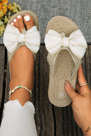 White Stitched Bow Decor Woven Flip Flop Slippers - minbolu -