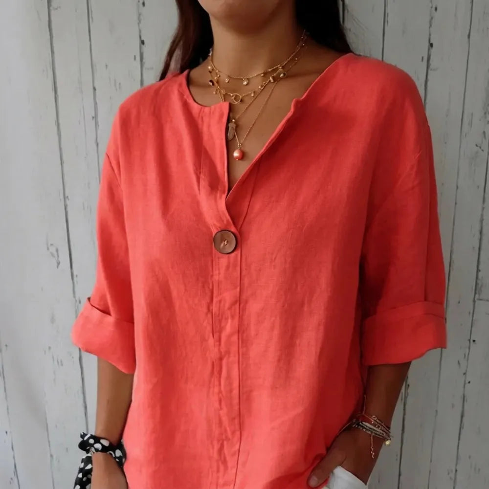 Linen Blend Notched Blouse - Lightweight Minimalist Top for Women