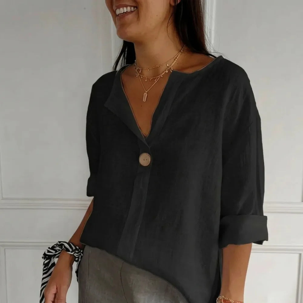 Linen Blend Notched Blouse - Lightweight Minimalist Top for Women