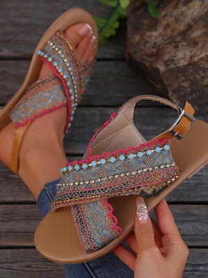 Women's Bohemian Cross-Strap Flat Sandals - Comfortable Ankle Buckle Strappy Sandals - minbolu -