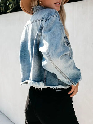 Women's Distressed Raw Hem Denim Jacket - Light Blue Jean Jacket - minbolu -