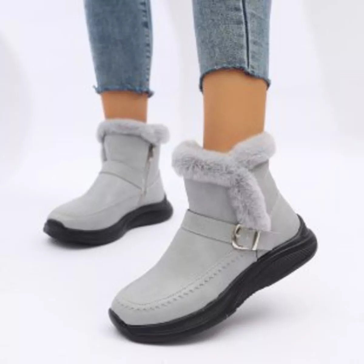 Faux Fur Buckle Boots - minbolu -