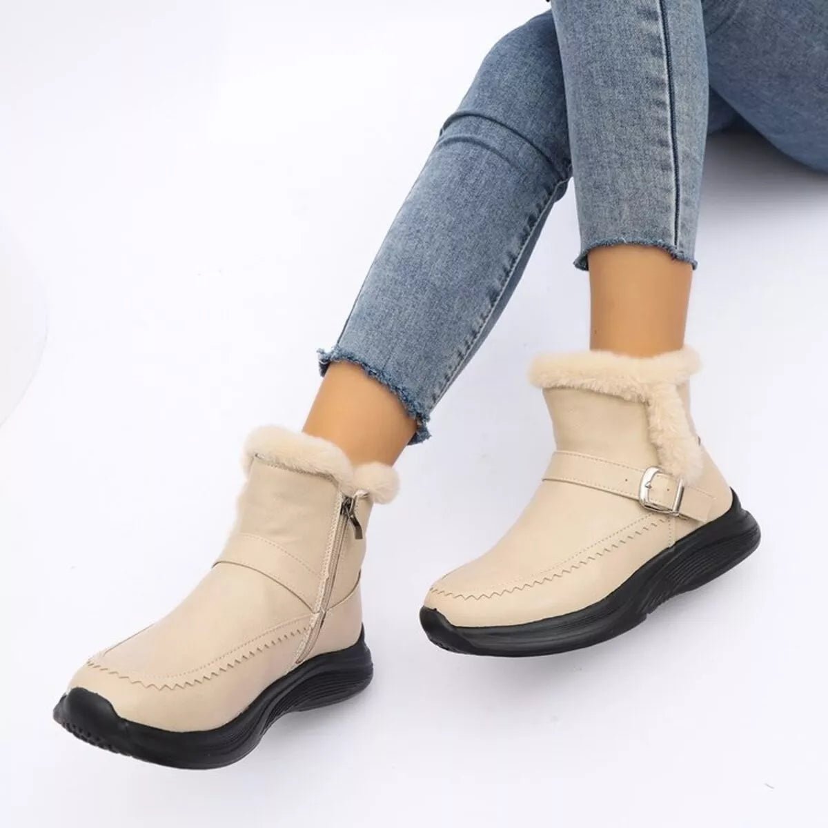 Faux Fur Buckle Boots - minbolu -
