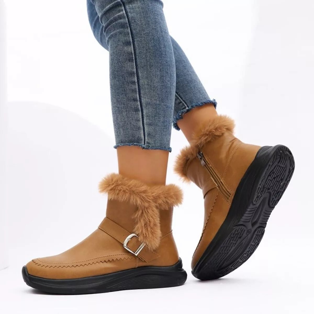Faux Fur Buckle Boots - minbolu -