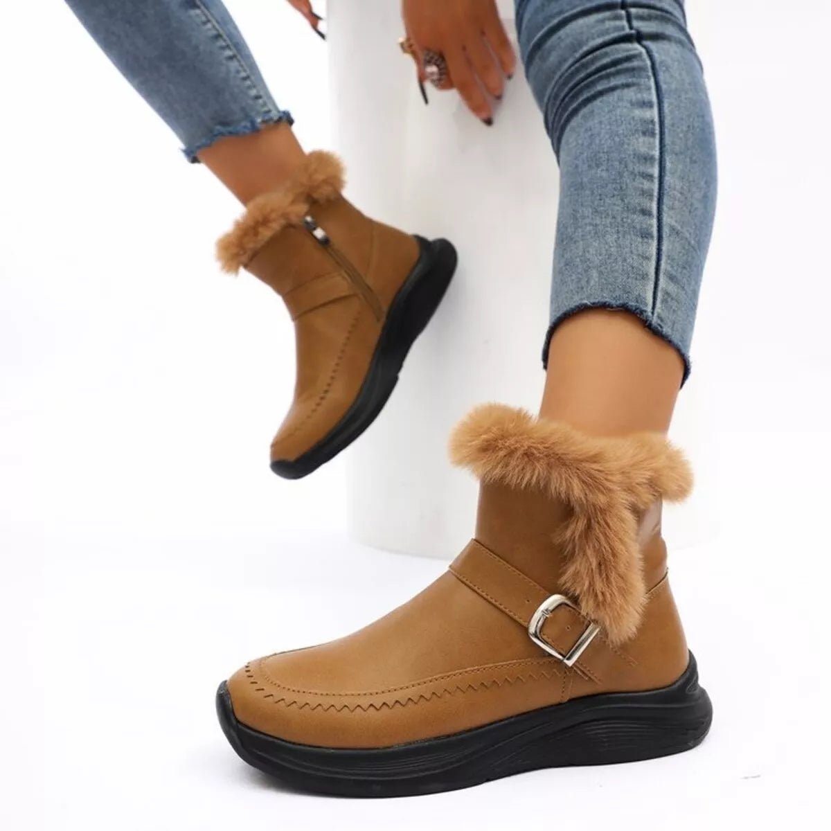 Faux Fur Buckle Boots - minbolu -