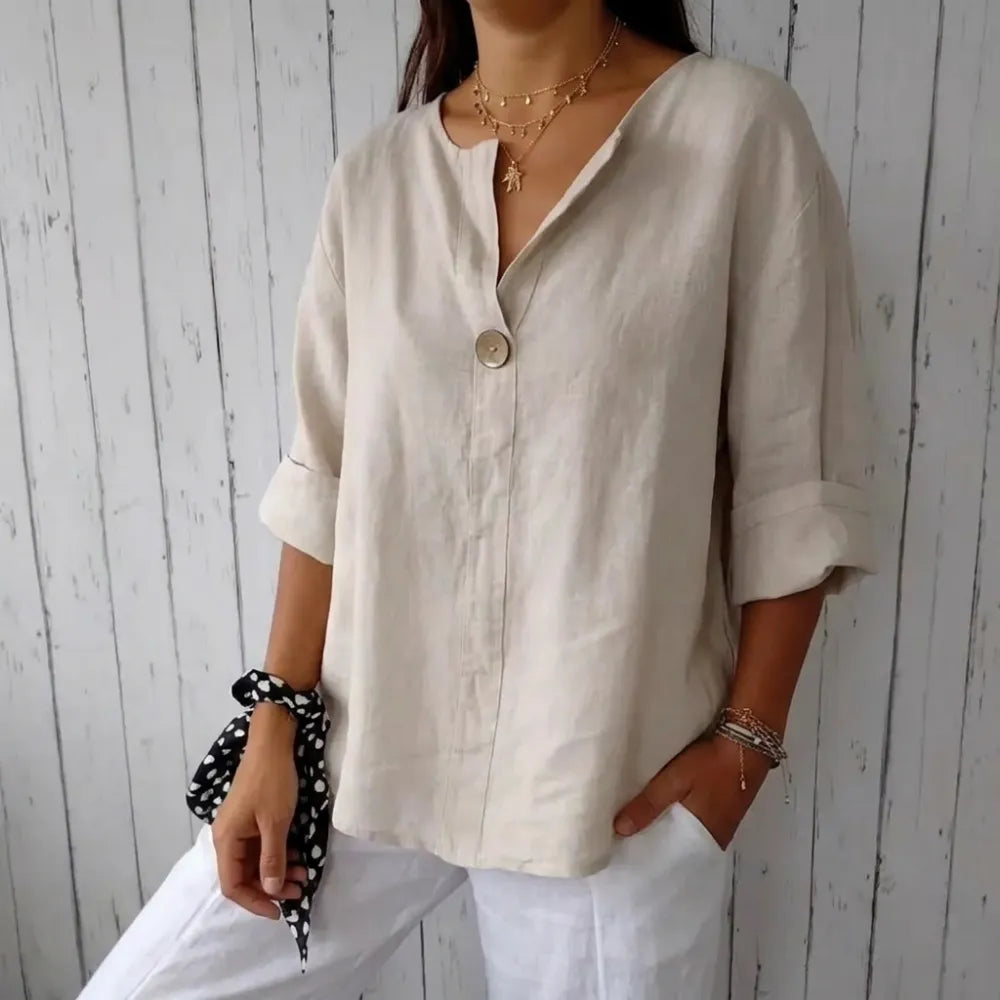Linen Blend Notched Blouse - Lightweight Minimalist Top for Women