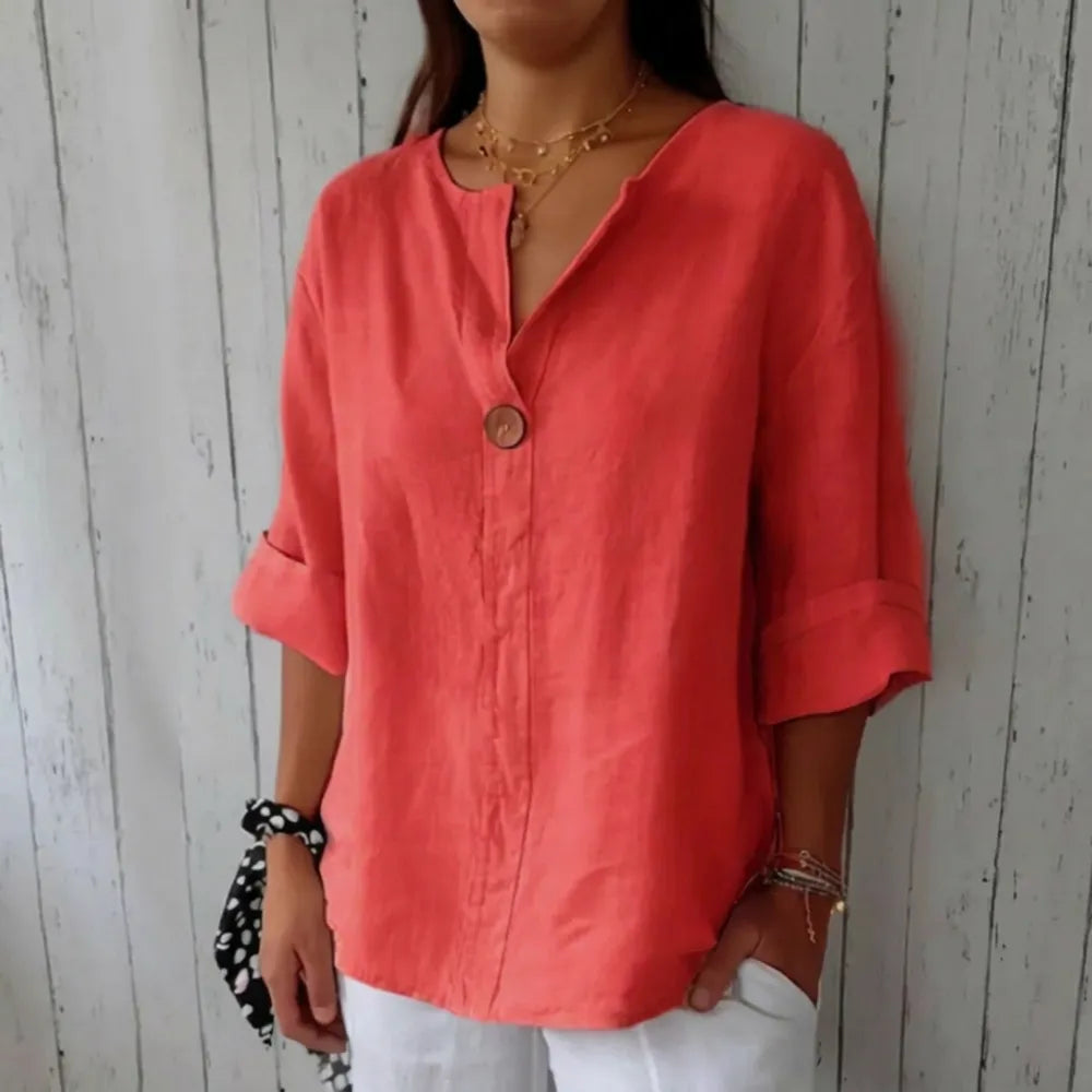 Linen Blend Notched Blouse - Lightweight Minimalist Top for Women