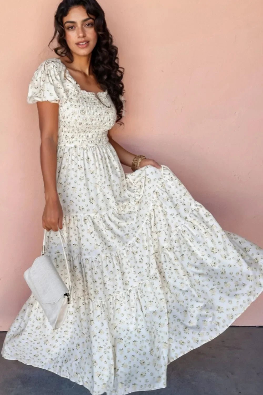 Women's Maxi Dress - Floral Smocked Boho Dress with Puff Sleeves - minbolu -