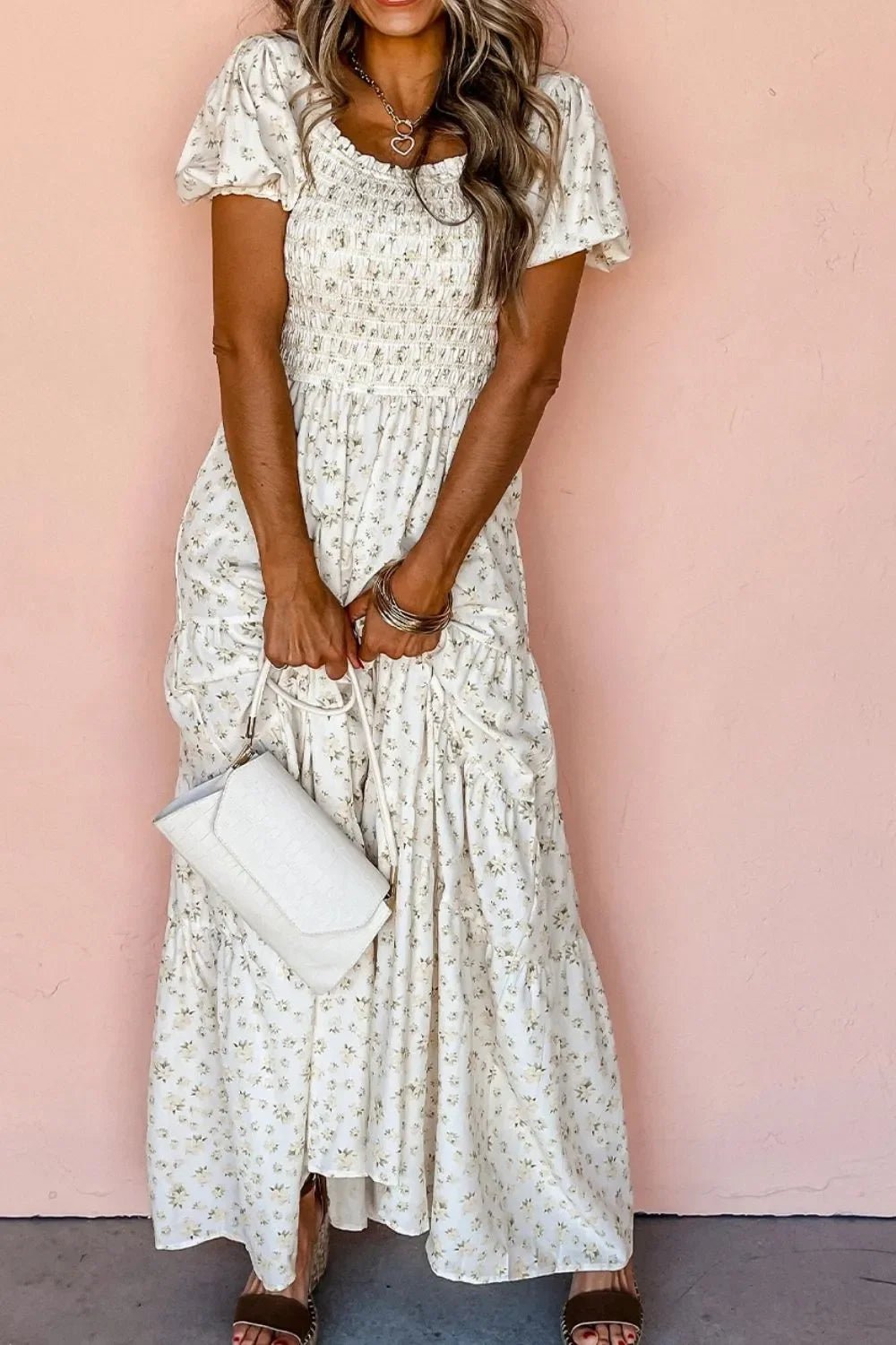 Women's Maxi Dress - Floral Smocked Boho Dress with Puff Sleeves - minbolu -