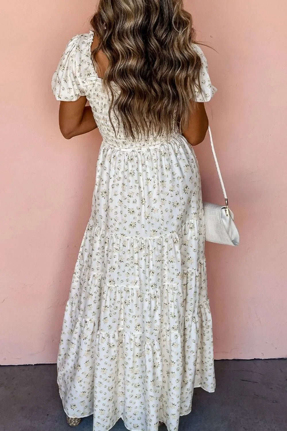 Women's Maxi Dress - Floral Smocked Boho Dress with Puff Sleeves - minbolu -