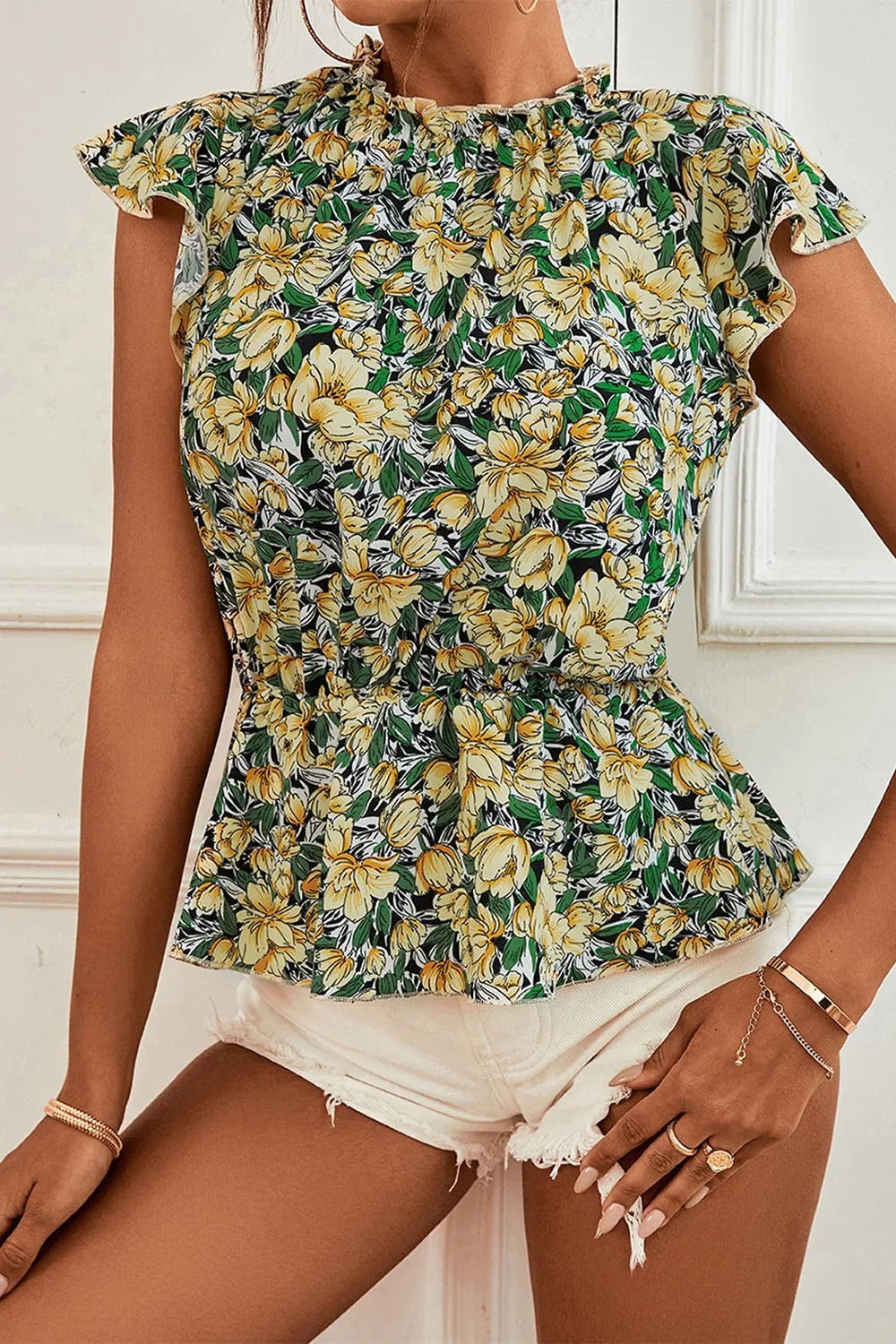 Women's Peplum Top - Floral Mock Neck Flutter Sleeve Blouse - minbolu -