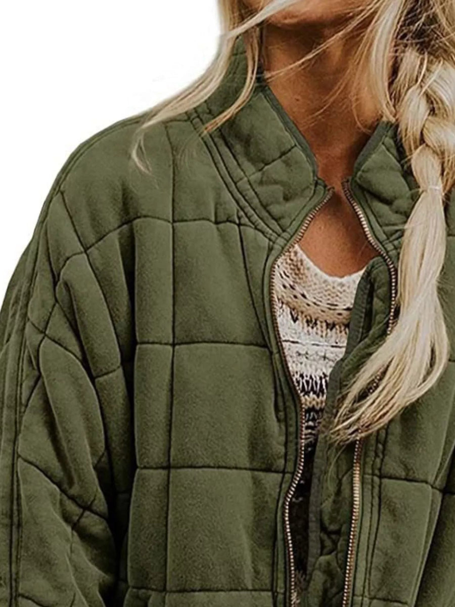 Full Size Zip Up Quilted Bomber Jacket Plus Size - minbolu -