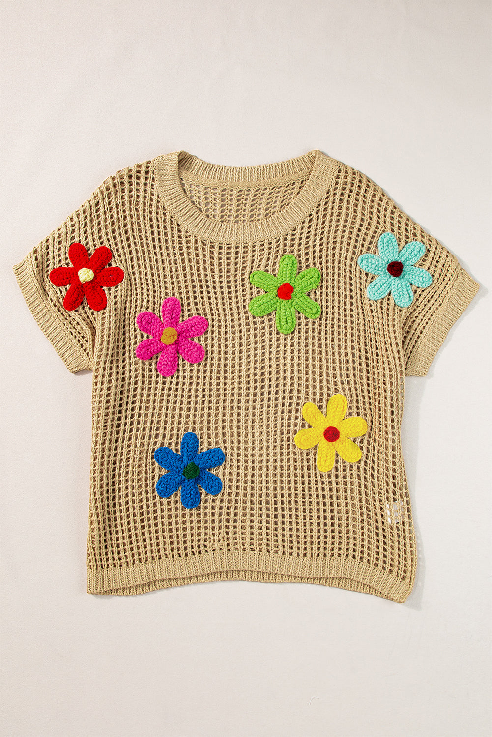 Light Beige Hollowed Crochet Colorful Flower Loose Knit T Shirt