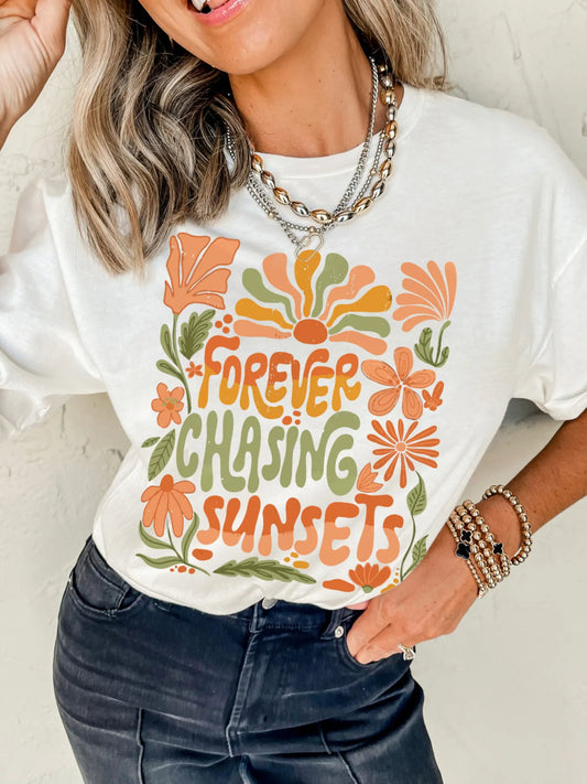 minbolu Forever Chasing Sunsets Round Neck T-shirt Statement Tee - minbolu -