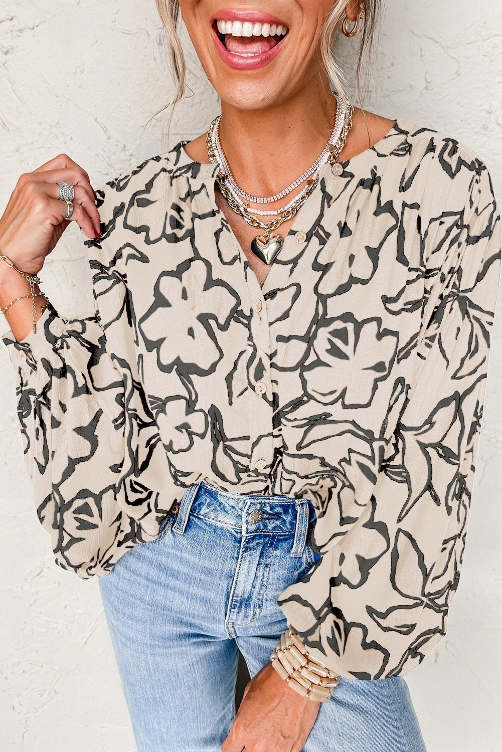 Floral Batwing Sleeve Shirt | Loose Fit Button-Up Blouse in Grey