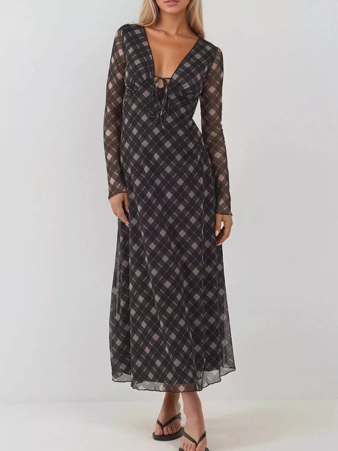 Tie Front Plaid Long Sleeve Dress - minbolu -