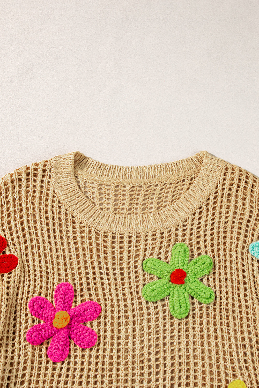 Light Beige Hollowed Crochet Colorful Flower Loose Knit T Shirt