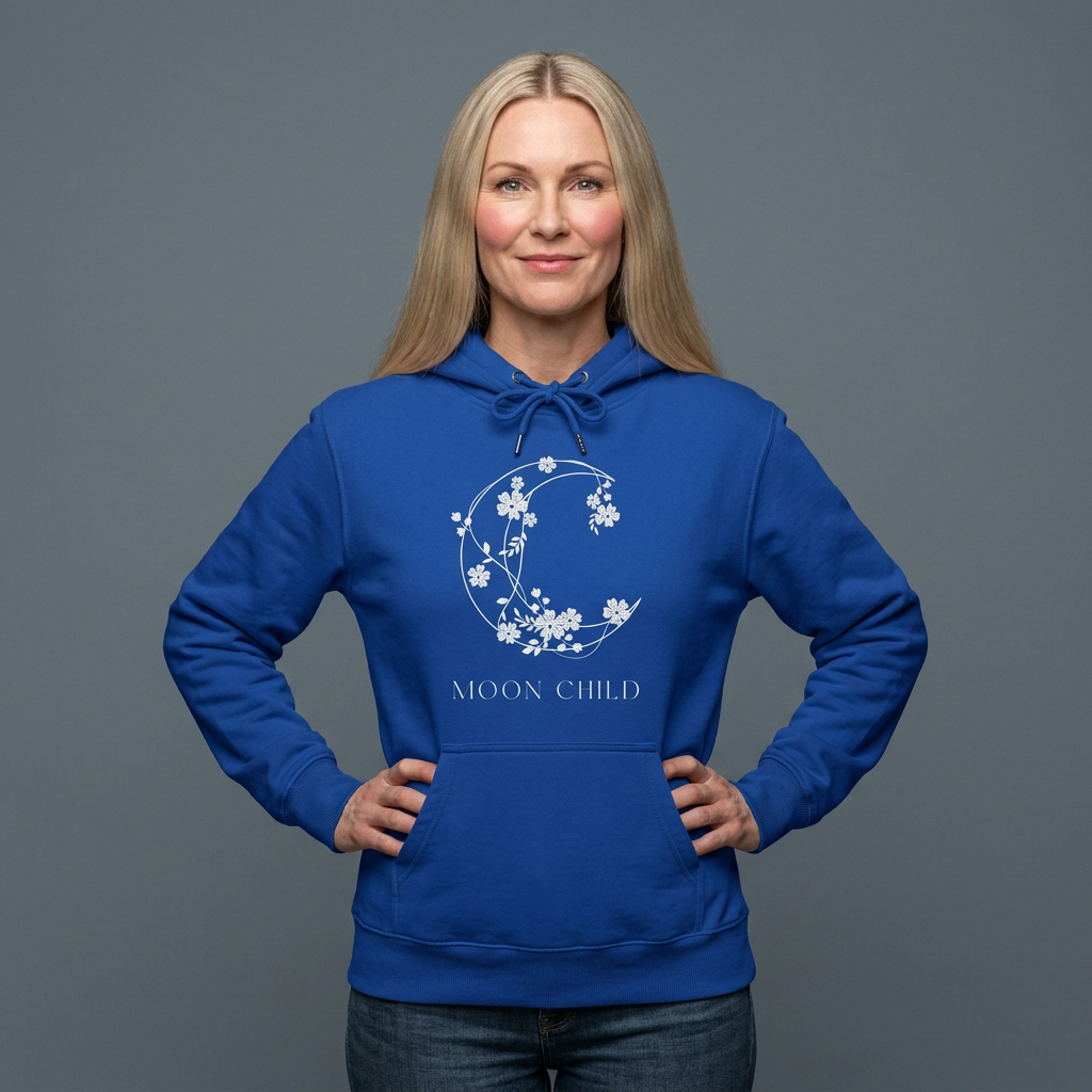 Moon Child Floral Hoodie — Feminine Crescent Moon Graphic Sweatshirt