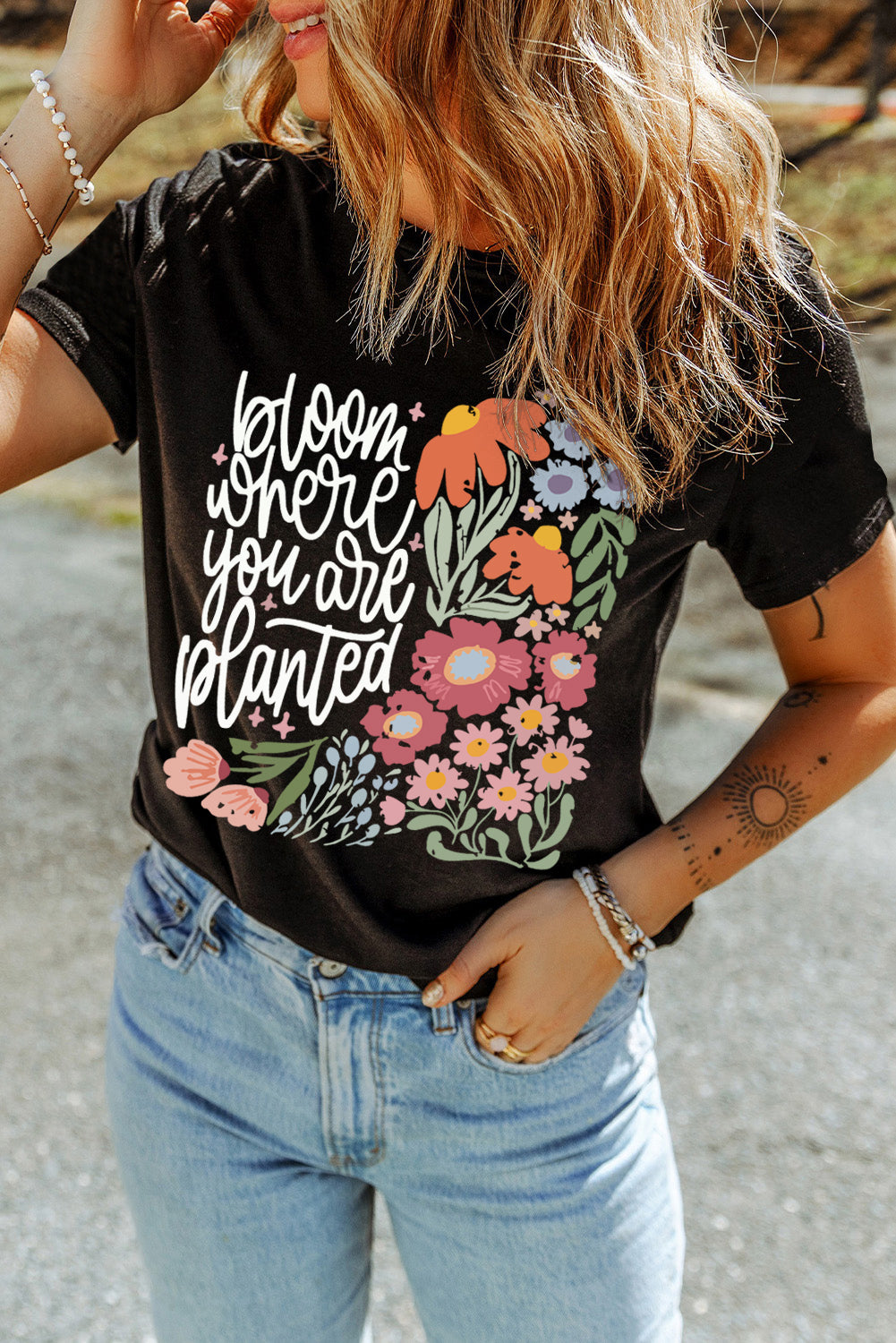 Shewin Bloom Where You Are Planted Floral Heat Transfer Printed T-Shirt