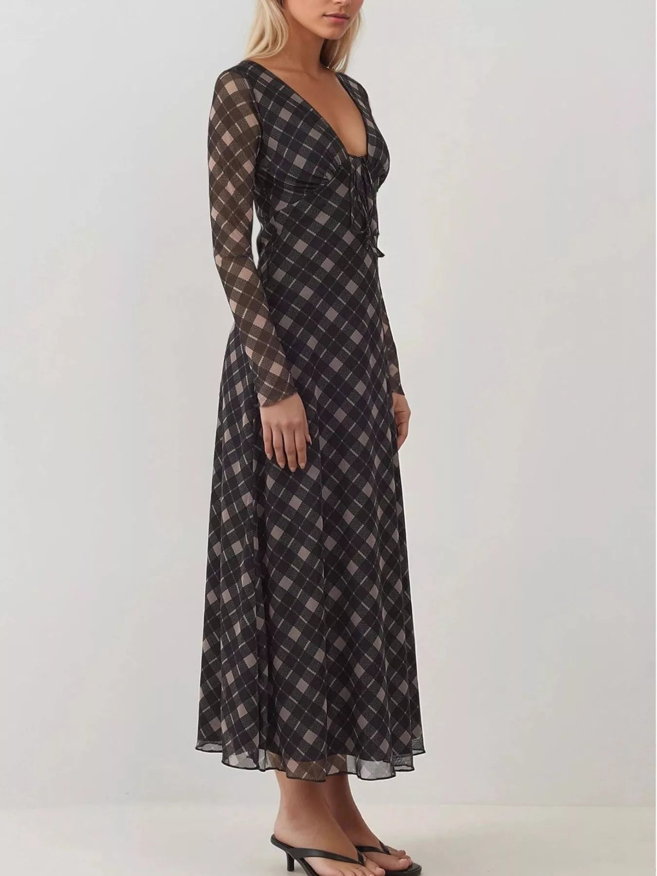 Tie Front Plaid Long Sleeve Dress - minbolu -