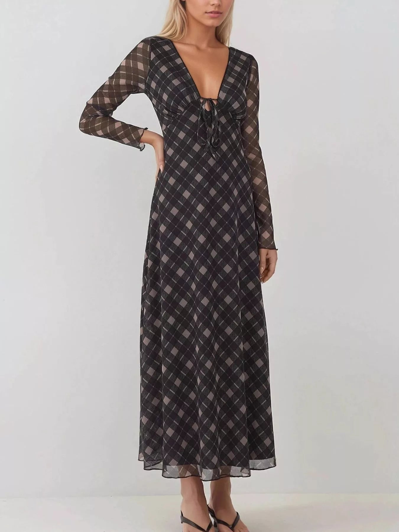 Tie Front Plaid Long Sleeve Dress - minbolu -