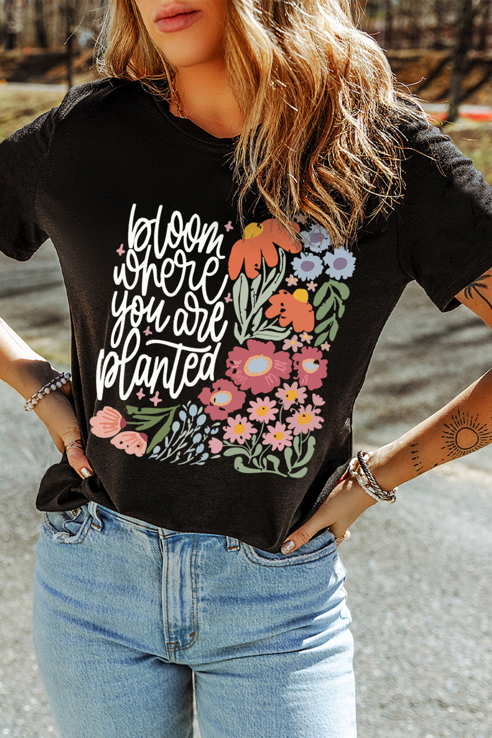 Shewin Bloom Where You Are Planted Floral Heat Transfer Printed T-Shirt