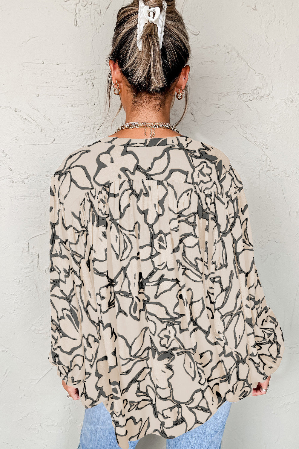 Floral Batwing Sleeve Shirt | Loose Fit Button-Up Blouse in Grey