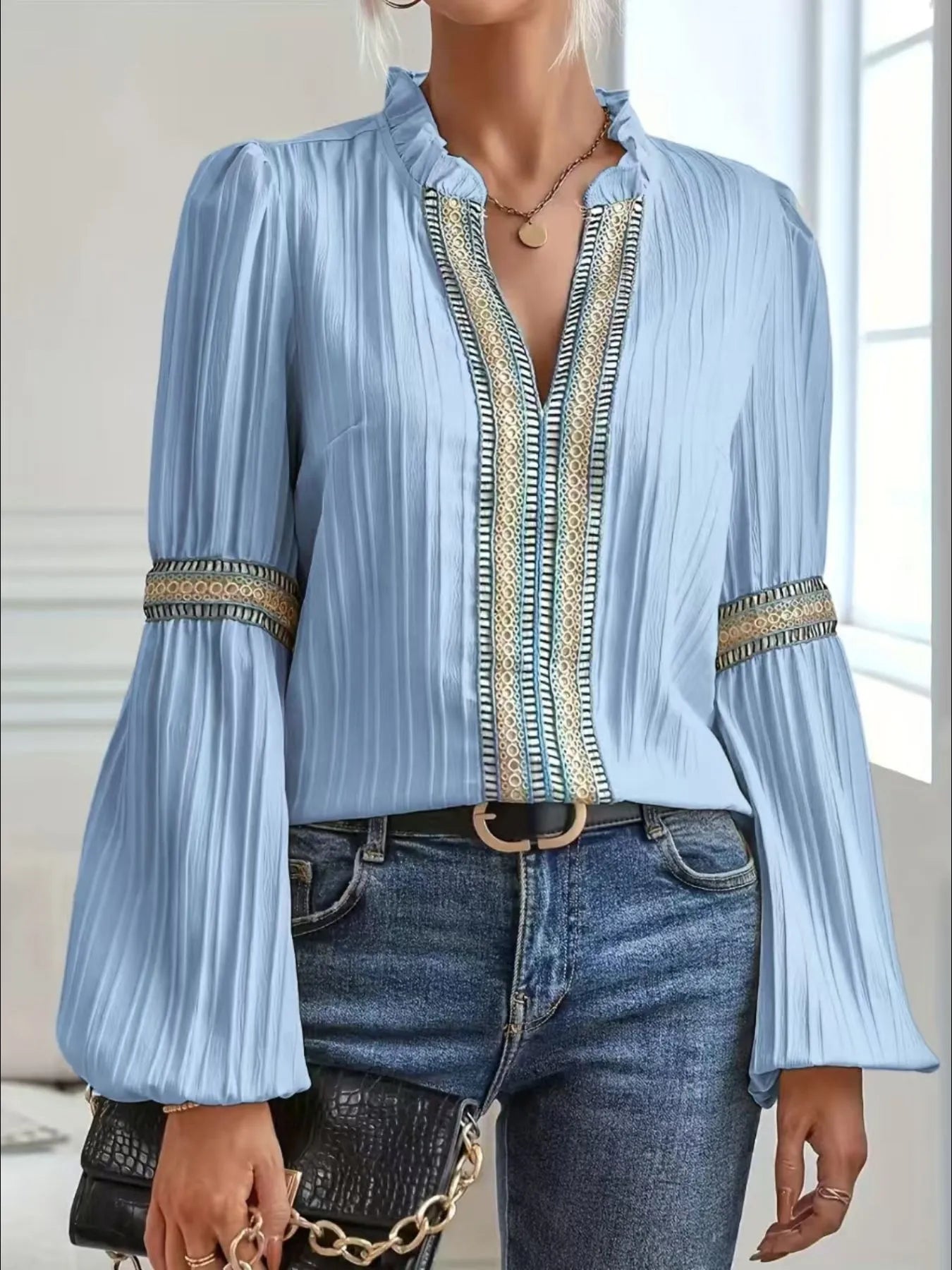 Notched Textured Balloon Sleeve Blouse - minbolu -
