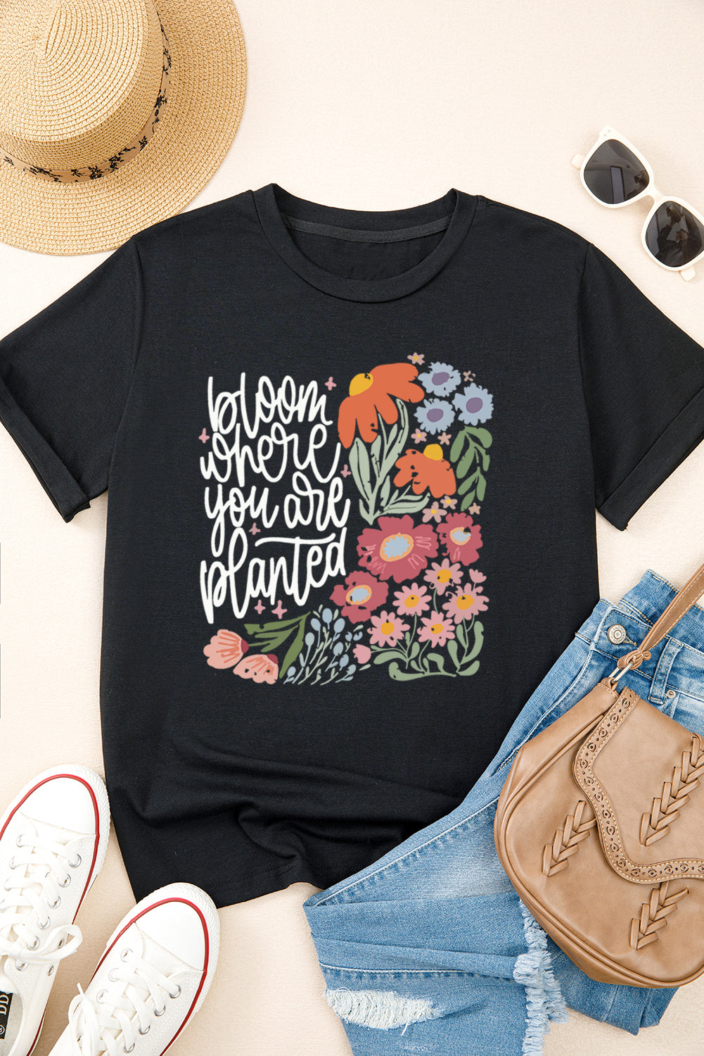 Shewin Bloom Where You Are Planted Floral Heat Transfer Printed T-Shirt