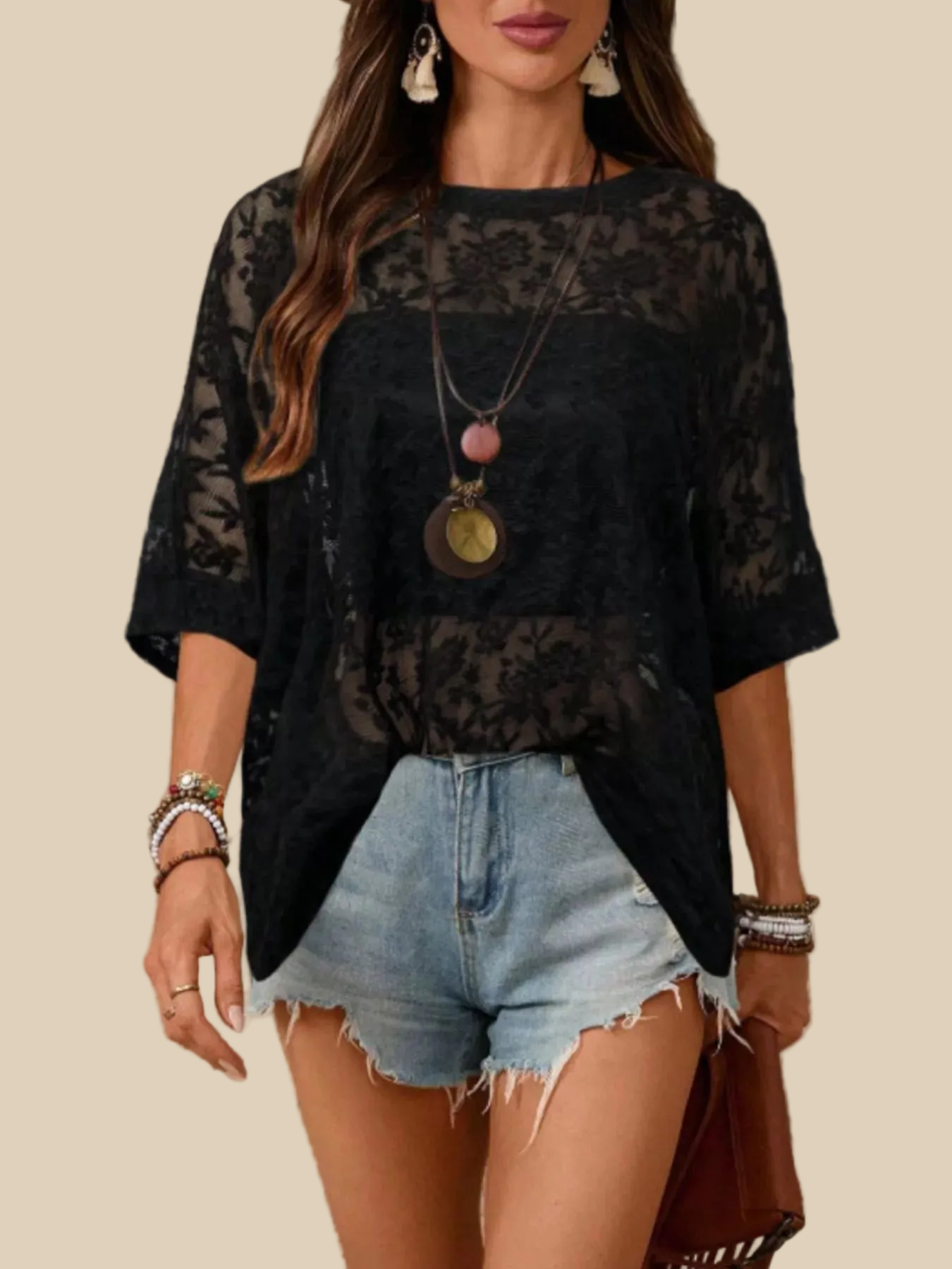 minbolu Half-Sleeve Lace Top | Sheer Floral Round Neck Blouse White & Black