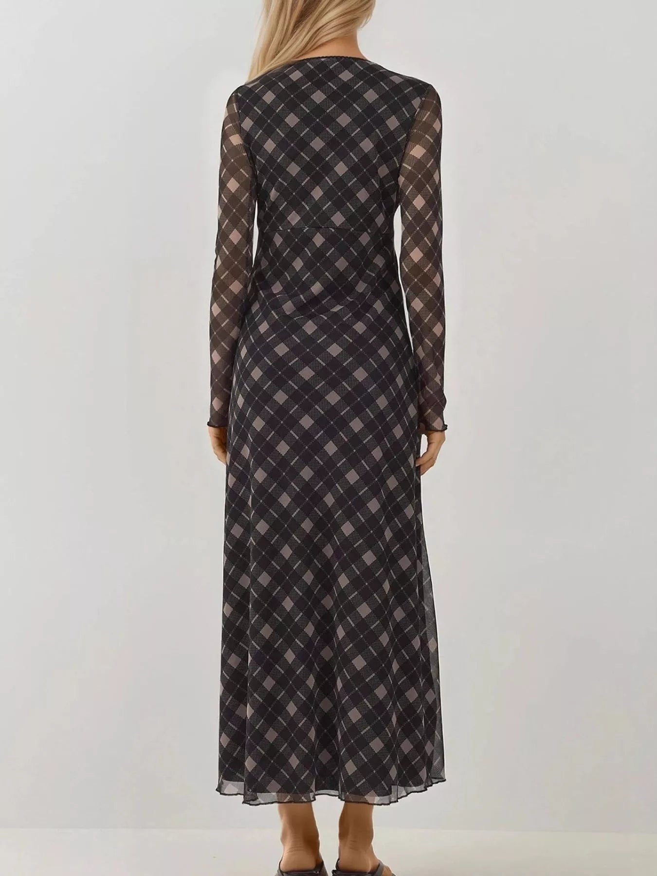 Tie Front Plaid Long Sleeve Dress - minbolu -