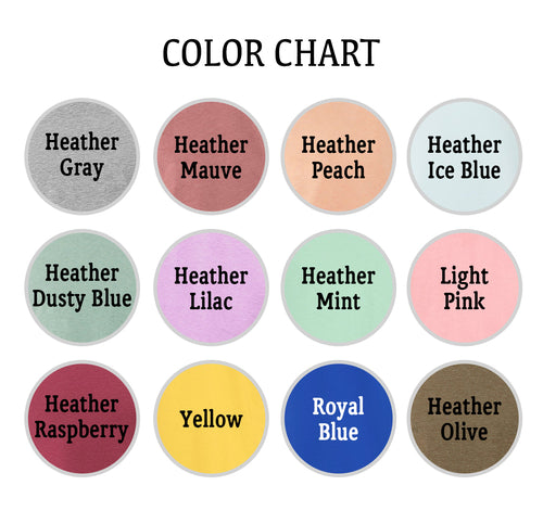Color chart with various heathered and solid colors on a white background