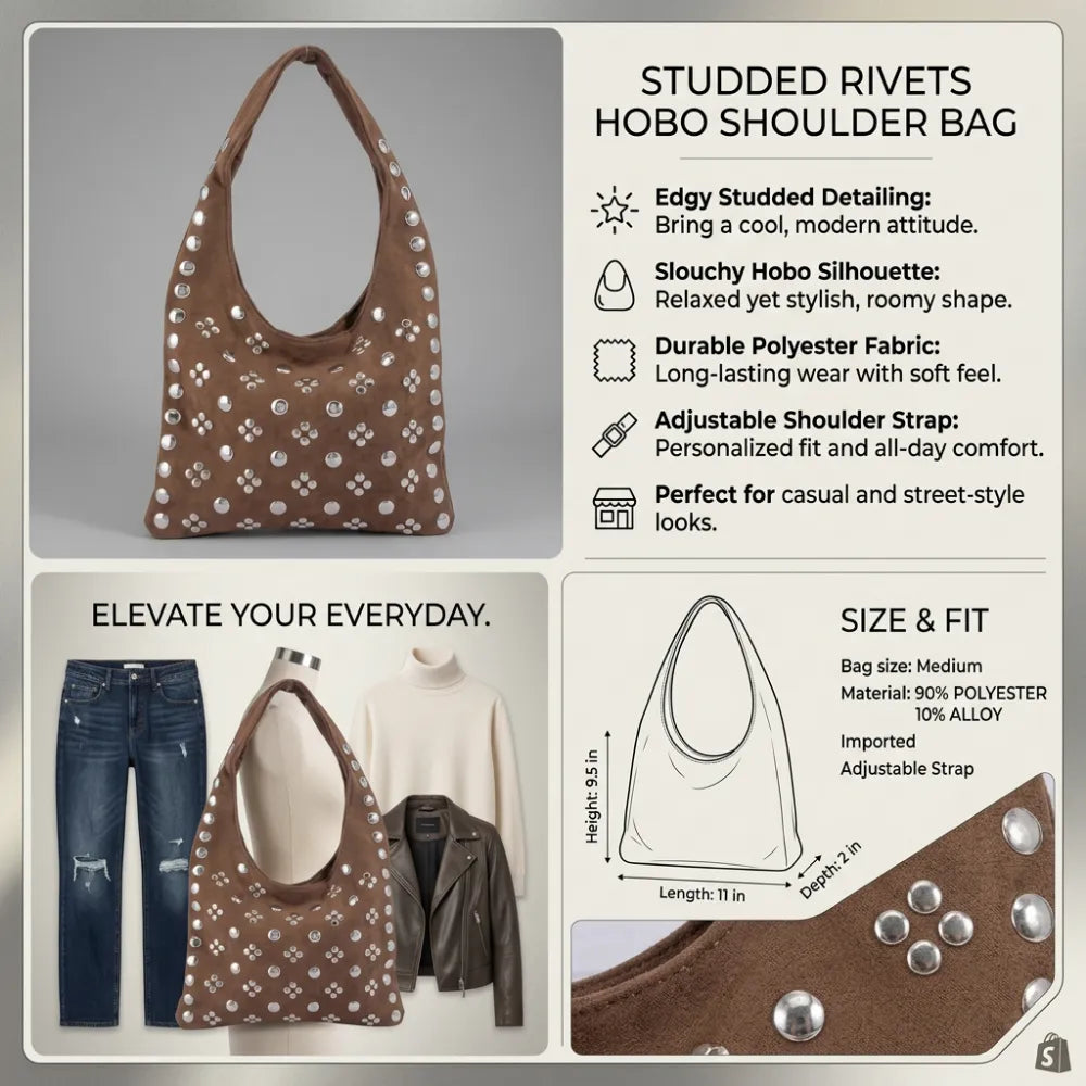 Four elements showing boho studded hobo bag in brown with benefits and size information.