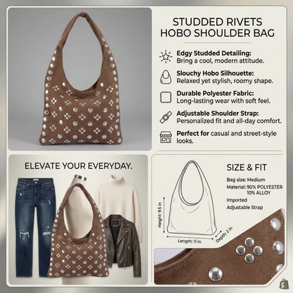 Four elements showing boho studded hobo bag in brown with benefits and size information.
