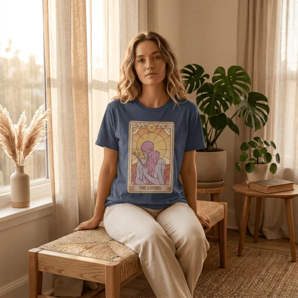 Woman sitting on a bench in a bohemian aesthetic wearing a blue t-shirt with the tarot card image of The Lovers