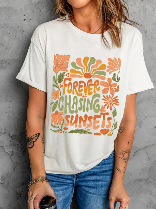 minbolu Forever Chasing Sunsets Round Neck T-shirt Statement Tee - minbolu -