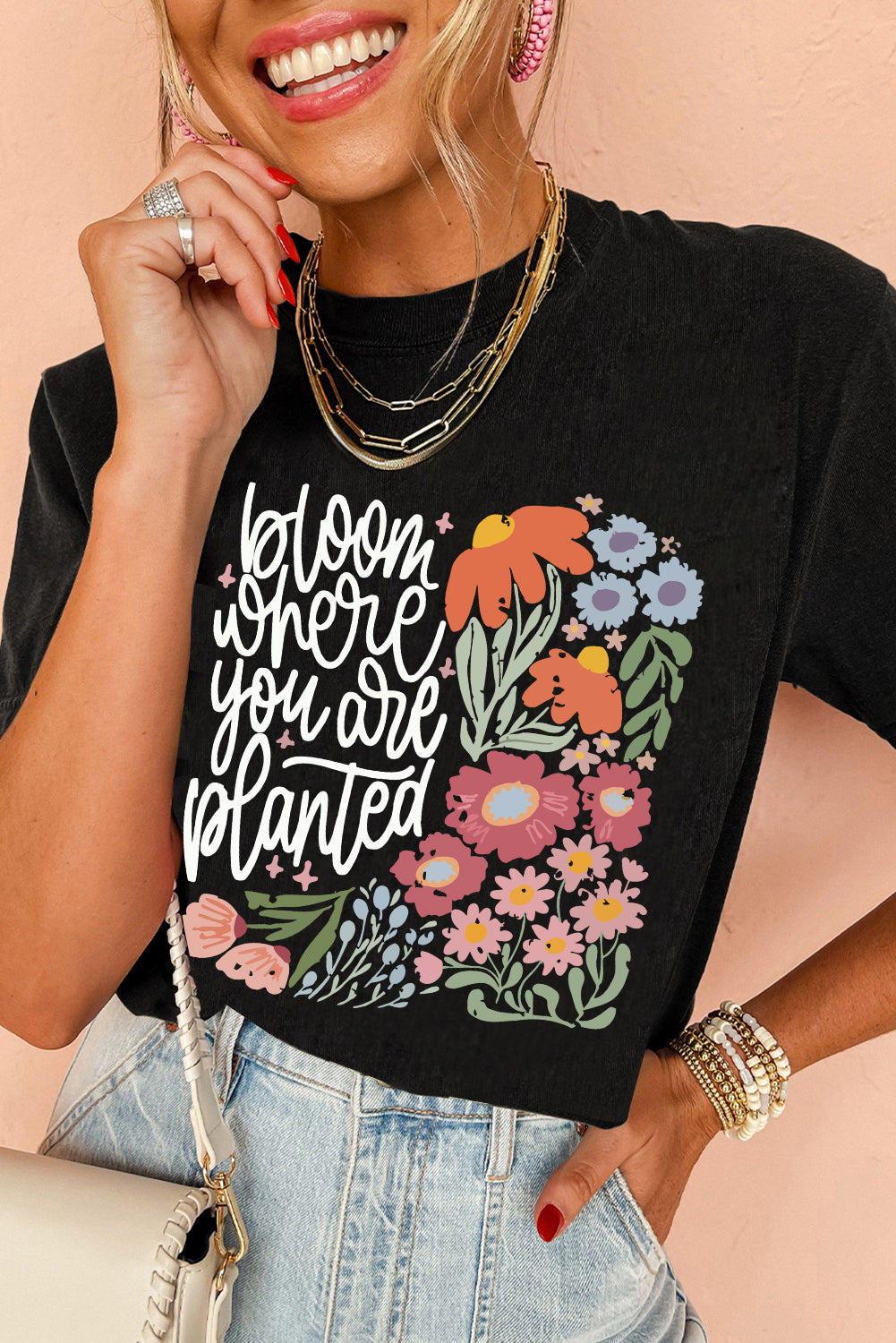 Shewin Bloom Where You Are Planted Floral Heat Transfer Printed T-Shirt