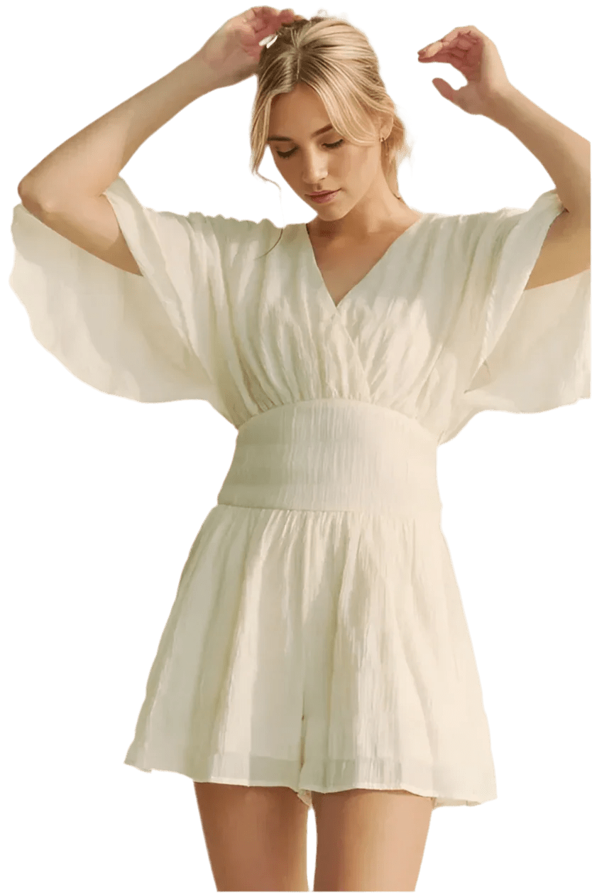 White Romper - Batwing Sleeve Waist Belt Romper | Boho Chic - minbolu -